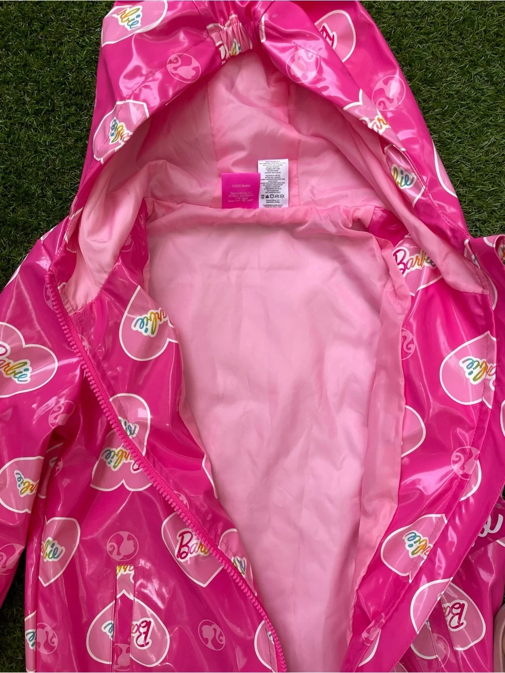 Barbie Bright Pink Hooded Raincoat with Heart Logo Print
